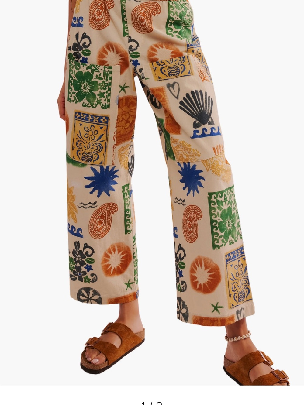 Free People Seaside Pull-on Pants Beach Shell Cotton Ivory Comb Blue Small NWT